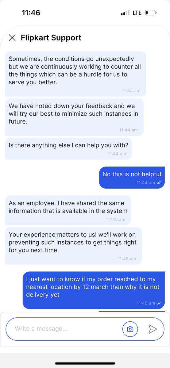 PankajBehura's tweet photo. @_Kalyan_K This is the level of support I am receiving from @Flipkart and @EkartLogistics.
First, they say the order will be delivered today and I will receive an "out for delivery" message by 1 PM. At the same time, the delivery partner at the nearest hub is saying the order will not be delivered today.
Customers are being given conflicting and confusing information from different sides. Support says one thing, the delivery partner says another.
My order reached the nearest hub on 12th March and the promised delivery date was 13th March, but it was not delivered. The date was then pushed to 15th March, and even now there is no clear confirmation of delivery.
This kind of miscommunication and lack of accountability is extremely frustrating for customers. Instead of resolving the issue, support is sending generic responses and asking me to wait again.
I request @Flipkart to properly coordinate with @EkartLogistics and provide a clear and honest update on when the order will actually be delivered.
Tagging @jagograhakjago and @NCH1915 as the issue is still unresolved despite multiple follow-ups.
#Flipkart #CustomerService #DelayedDelivery