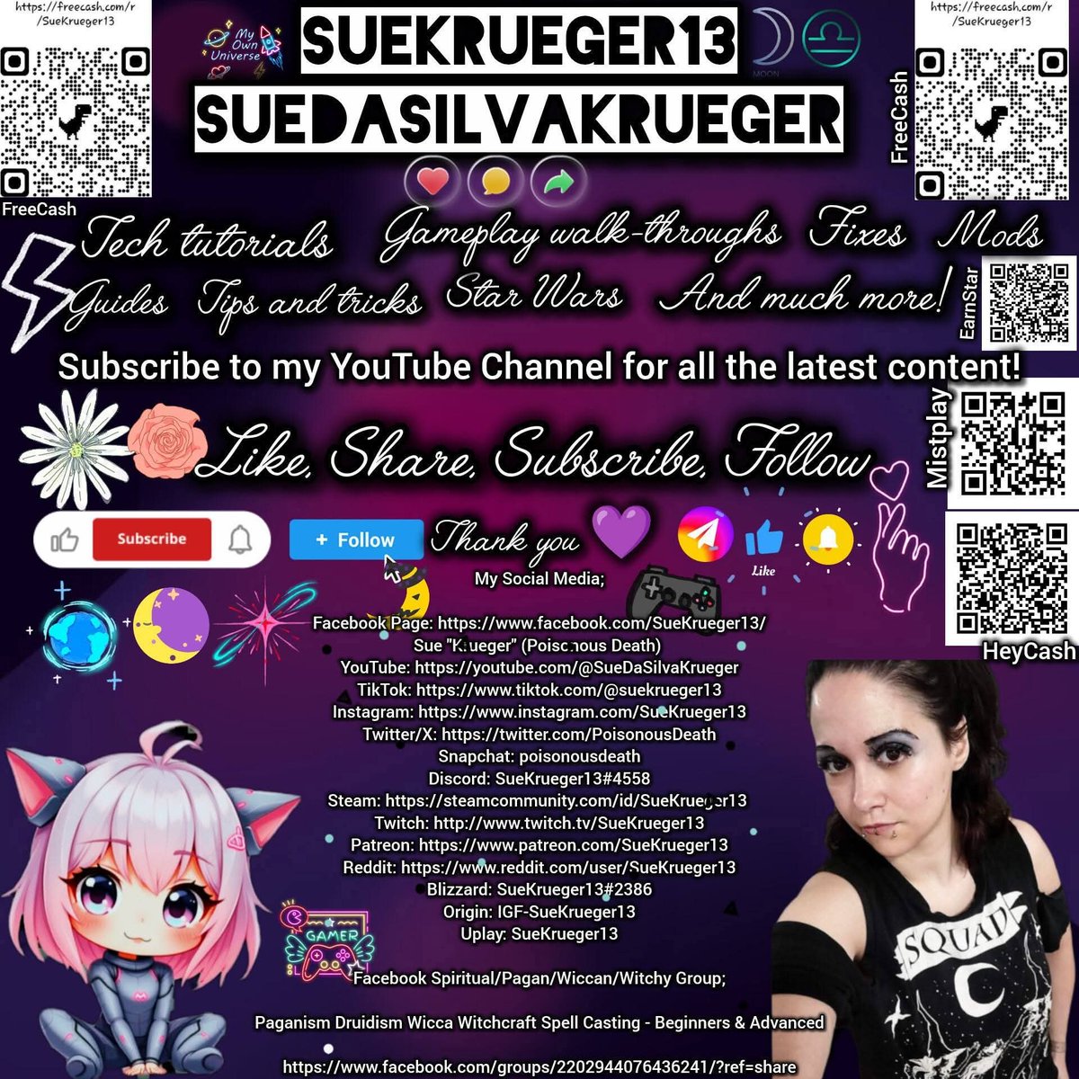 Subscribe to my YouTube Channel at 
youtube.com/@suedasilvakru…

Make money playing games online at;
freecash.com/r/SueKrueger13

🖤