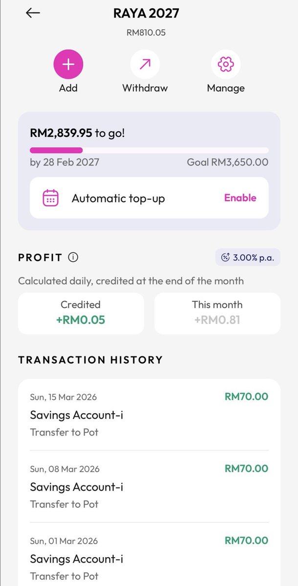 namqulMY's tweet photo. Jom simpan RM70 seminggu, hujung 2026 ada RM3,650 untuk raya tahun depan. Jangan kacau duit KWSP untuk raya 2027 🤭☺️

Stepnya simple:
1. Download dan register AEON Bank app.
2. Set reminder weekly. 
3. Transfer RM70 ke Savings Pot setiap Ahad.

Guna referral code saya: AB950860 https://t.co/QOqj3ji22t