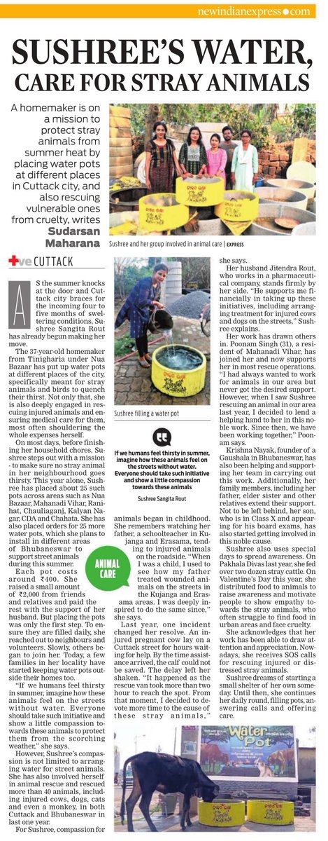 XpressOdisha's tweet image. #Brightside 

Sushree Sangita Rout, a homemaker, is on a mission to protect stray animals from summer heat by placing water pots at different places in Cuttack city, and also rescuing vulnerable ones from cruelty | ✍️ @Sud_TNIE

@NewIndianXpress 
@santwana99 
@Siba_TNIE