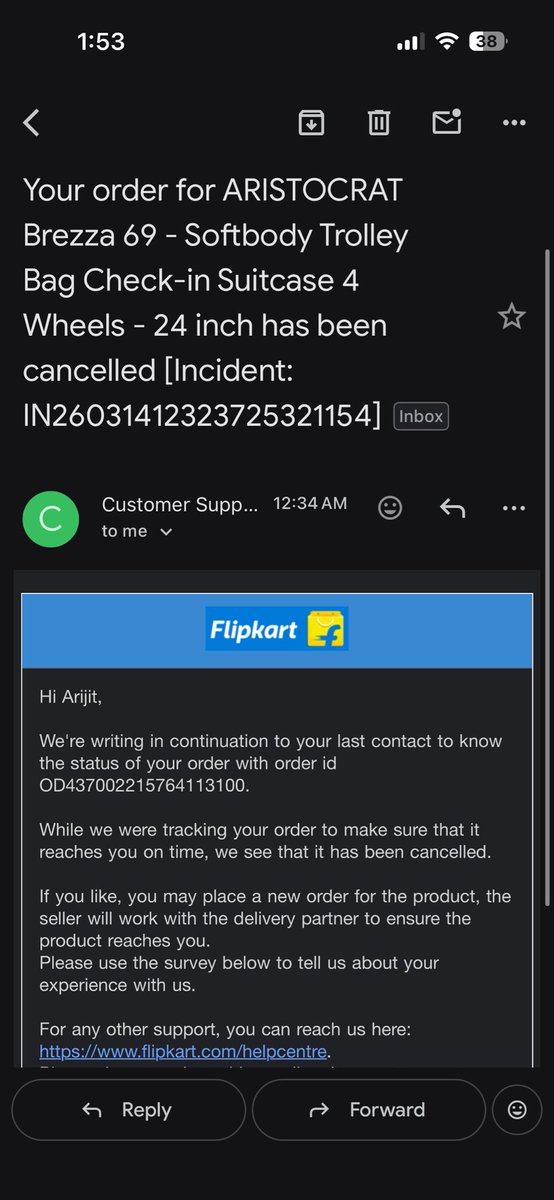 arijit__pal's tweet photo. Ordered an Aristocrat trolley on Flipkart on 10 Mar, delivery promised by 14 Mar. On delivery day the agent blocked my number. At 7:40 PM he asked for an OTP claiming another person would deliver, but it was actually a cancellation OTP which I refused to share @flipkartsupport https://t.co/9eY9VxgOOS