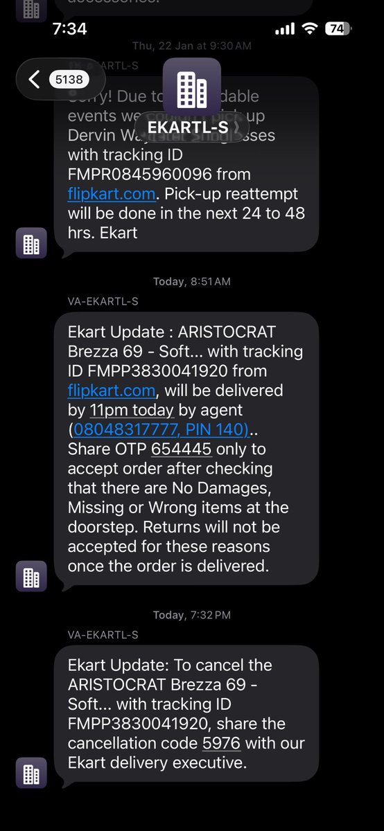 arijit__pal's tweet photo. Ordered an Aristocrat trolley on Flipkart on 10 Mar, delivery promised by 14 Mar. On delivery day the agent blocked my number. At 7:40 PM he asked for an OTP claiming another person would deliver, but it was actually a cancellation OTP which I refused to share @flipkartsupport https://t.co/9eY9VxgOOS
