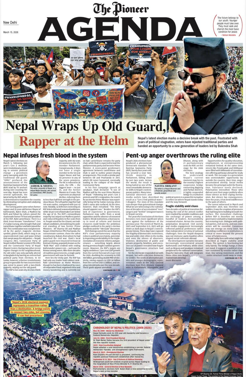 NavitaSrikant's tweet photo. #Nepal #Agenda (Cover Story)

I write for @TheDailyPioneer on Nepal’s Parliamentary Elections, 2026.

Nepal today resembles the world-famous Baglung–Parbat suspension bridge, held by tension, not pillars. 
The 2026 verdict reflects decades of anger (rees) at misgovernance (bethiti) and a search for trust in institutions. 

This mandate runs deeper than generational politics. 
The crossing has begun. 

Read more: https://t.co/nrMb8vCmto

@AmbMunu @shisir @MofaNepal @IndiaInNepal