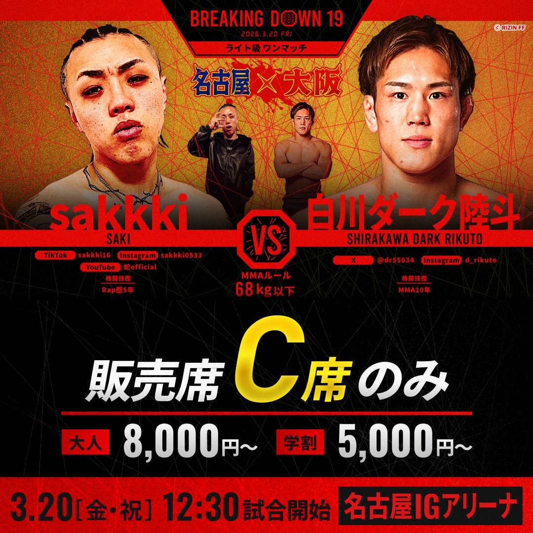 breakingdown_jp's tweet photo. /
#BreakingDown19
勝敗予想をしよう✍🏻
\
ライト級ワンマッチ
MMAルール
🟥#白川ダーク陸斗(@dr55634)
ーーー🆚ーーー
🟦#sakkki(@sakkki34)
🔴会場チケット【販売席C席のみ】
C席 大人:8,000円 学割:5,000円
🗓3/20(金・祝) 12:30 開始予定
🏟️名古屋IGアリーナ
🔽勝敗予想・会場チケットはリプ欄から
#BreakingDown
#ブレイキングダウン
#朝倉未来