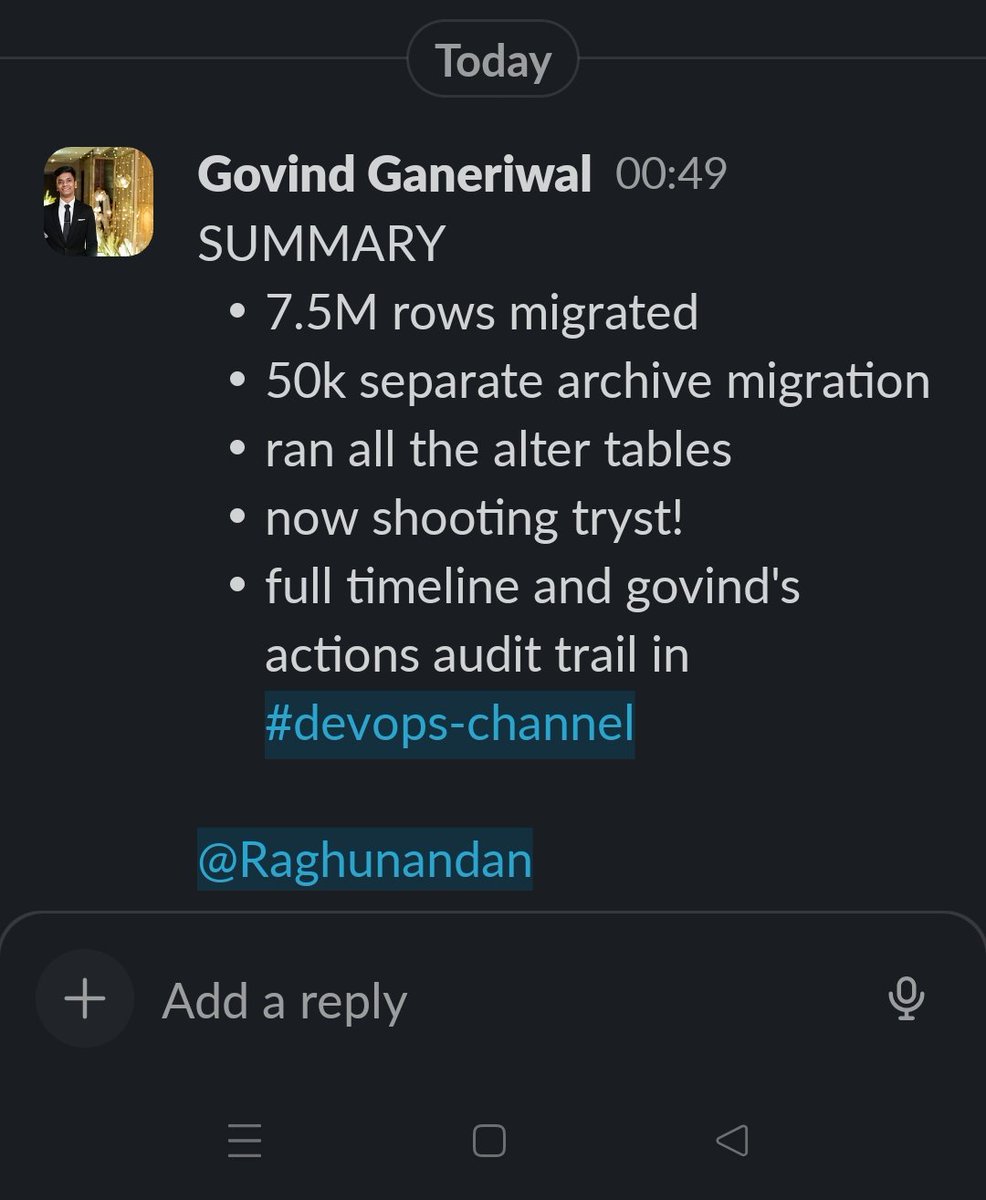 Govind755's tweet photo. Migrated 7.5Million rows of the second largest table last night 

Moved all crud of the the largest table to a new db

Ran 4 alter tables 

0 freakin down time. 

Feels good man feels fucking good https://t.co/lleN7hMQJ7