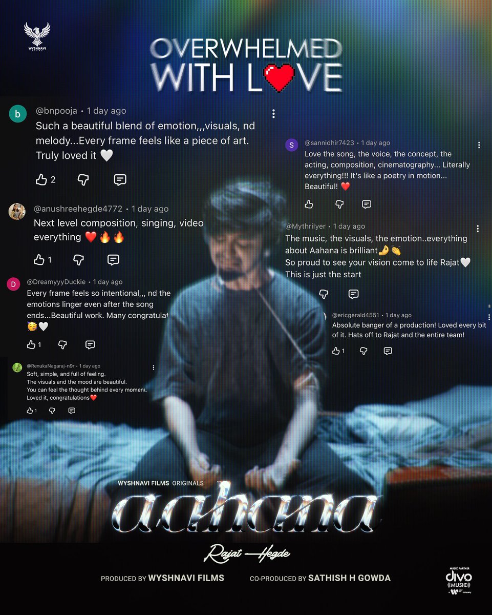 WyshnaviFilms's tweet photo. So many lovely comments pouring in for Aahana ❤️🎧
Thank you for the incredible support!
Watch the song now on Wyshnavi Films and tell us your favorite part.

#Aahana #RajatHegde #WyshnaviFilms #LoveForMusic #ArtistJourney #RetroVibes #MusicStory https://t.co/r2IpPStgkg