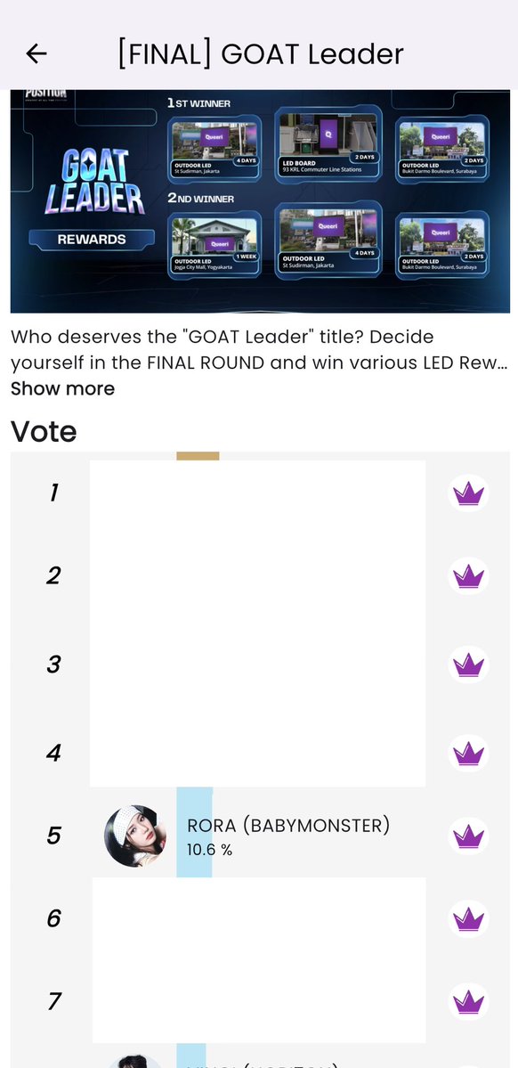 RORAINDONESIA's tweet image. [PROGRES VOTING ON QUEERI]

⭐️KATEGORI : MARCH TOP STAR
📌 Target Top 1
Current rank : Top 2
1 Vote = 5 Gold Crown

⭐️KATEGORI : FINAL GOAT LEADER
📌 Target Top 1-2
Current rank : Top 5
1 Vote = 17 Gold Crown

Voting Goat leader : queeri.onelink.me/4Pi1/bxoeh19x?…

Donasi :