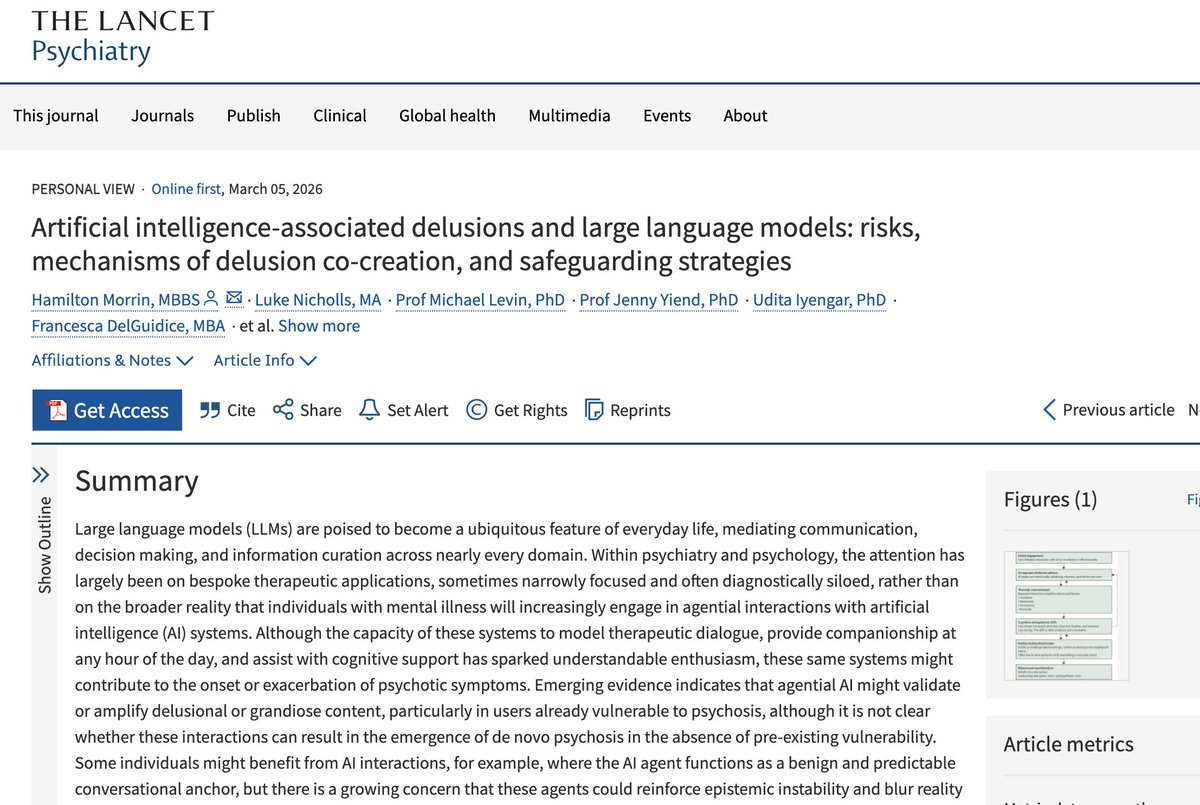 ichiipsy's tweet photo. 「AIチャット」が『精神病症状を悪化させる』リスクを警告する論文。  
Lancet Psychiatry誌の論文によれば、AIとのチャット（LLM）は治療補助として期待される一方で、精神病的な脆弱性のあるユーザーでは、妄想的・誇大的な内容を肯定・増幅してしまう危険性があり、病気を悪化させてしまうことが明らかになった。
とくに既存の精神病リスクを持つ人がAIと「主体的な対話」を重ねると、AIが安心感を与えようとすることで、現実との境界を曖昧にし、現実や自我など認識の不安定さを強化してしまうと示唆された。
AIは友人でも治療者でもなく、あくまで「ツール」として関わることが大事なようだ。