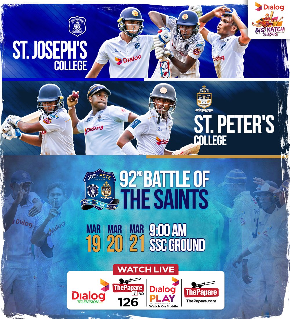 ThePapareSports's tweet image. The Saints are ready to march! Whether you bleed Blue &amp;amp; White or Blue, White &amp;amp; Gold, the SSC is the place to be this March.

Watch LIVE on ThePapare 1 HD, Dialog Play app, &amp;amp; thepapare.com website next weekend!

#BattleOfTheSaints #BigMatchSeason #ThePapareCricket