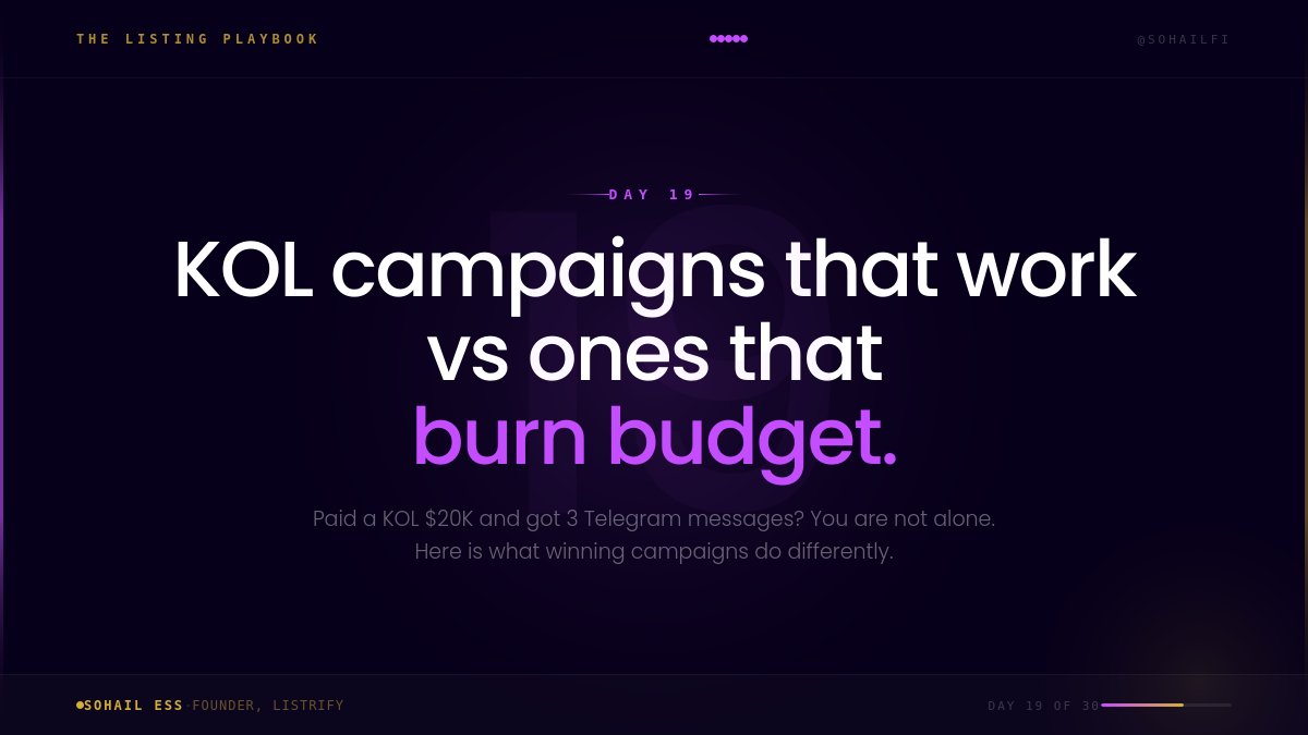 sohailfi's tweet photo. KOL campaigns that work vs ones that burn   budget.
What does not work:
→ $10K for one tweet to 500K followers
→ KOLs with no crypto-native audience
→ Posts with no clear call to action
→ One-time mentions with no follow-through
What works:
→ 3 to 5 KOLs with 10K to 50K engaged followers
→ Series of posts across listing week
→ KOL has used products like yours before
→ Audience matches your token use case
Reach is not influence.
Relevance is.
Day 19 of 30 - The Listing Playbook