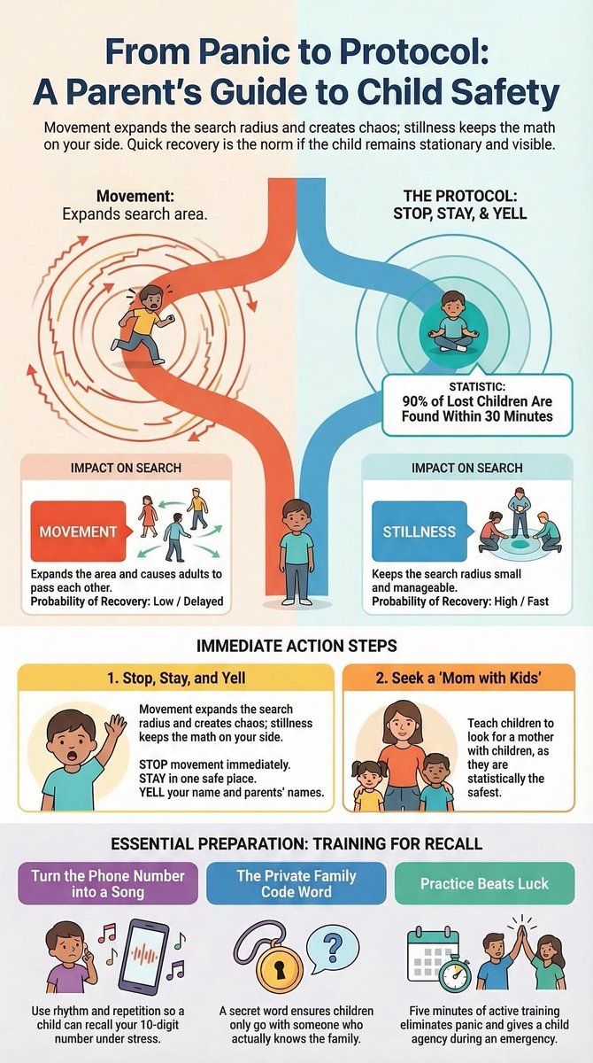 amitabhy's tweet photo. This is gold from @Amahashi_

Instead of teaching kids “come find me”, teach the right rules:

• Stop. Stay. Yell.
• Find a mom with kids
• Memorize parents’ phone number
• Family code word

A clean infographic so every parent can save &amp; teach this today. 

RT to spread it ❤️ https://t.co/KLvDja4lQb