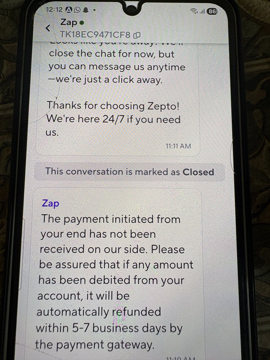 deepak80mba's tweet photo. Zepto order ID JLKMGGCND14993 got cancelled automatically at 9:15AM today and payment deducted through UPI since then I am trying to reach care centre but AI boat is continuously refusing &amp; denying the payment receiving. Please refer the screenshot and help @ZeptoNow https://t.co/rI4BPEsDVu