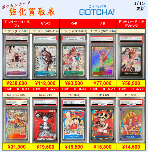 3/15更新 🏴‍☠️🔥【PSA強化買取表①】🔥🏴‍☠️ 💥【PSA10】ウタ