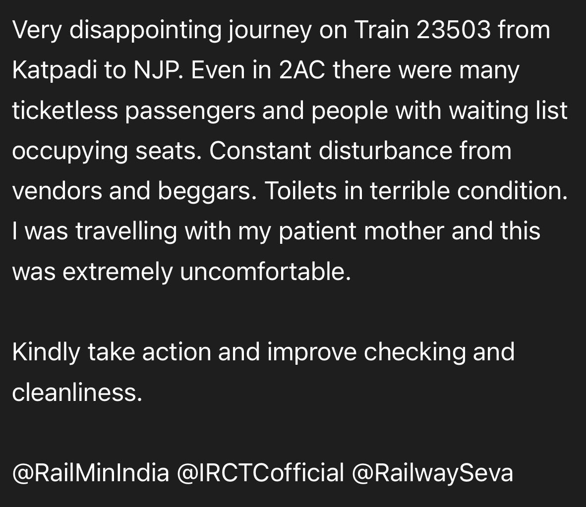 Deepenchettri9's tweet photo. Very disappointing journey on Train 23503 from Katpadi to NJP. Even in 2AC there were many ticketless passengers and people with waiting list occupying seats. Constant disturbance from vendors and beggars. Toilets in terrible condition. @RailMinIndia @RailwaySeva @IRCTCofficial https://t.co/5kPxfVJb6M