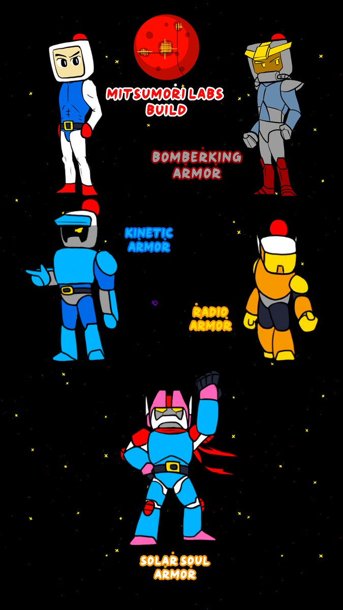 CianN80980632's tweet photo. Giving Super Bomberman C's Bomberman a list of his forms like a henshin hero.

The three new armors are Kinetic, Radio, and Solar Soul.

#bomberman #superbomberman #superbombermanr #fanart #fanau #webcomic https://t.co/v8lP8XZrGu