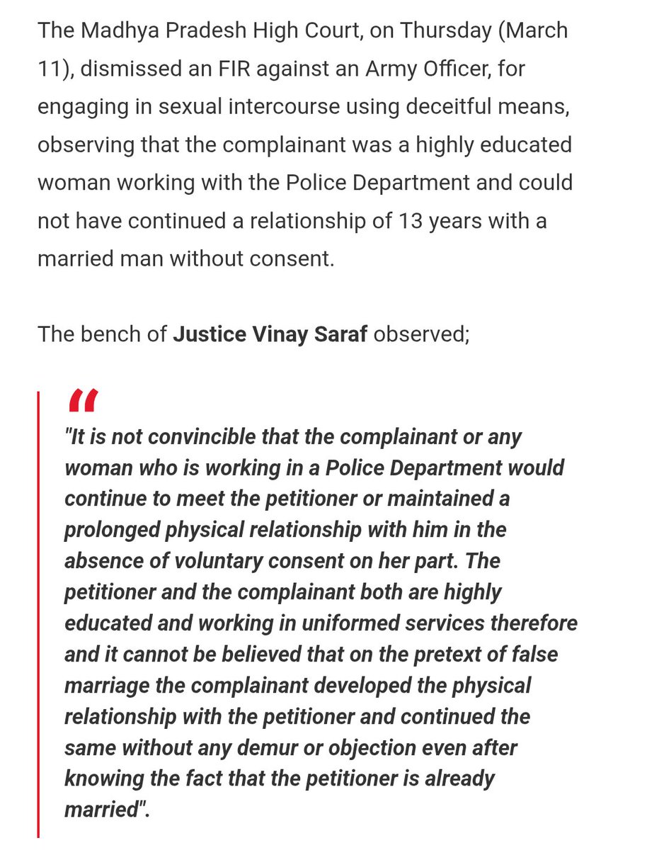 Consensual 13-year relationship, both adults, both in uniform : yet  man ends up facing an FIR until HC steps in &amp; quashes it.

We urgently need gender-neutral laws, strict punishment on women's for false cases, &amp; real protection for men too.
<a href="/WeAreSIF/">SIFMovement</a> <a href="/SIFKtka/">Save Indian Family - Karnataka (SIFK)</a>
