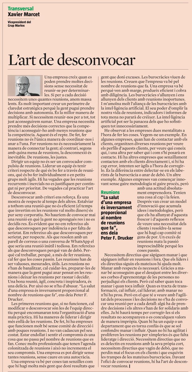"Liderar un equip és tenir criteri respecte de què és bo fer a través de reunions, què és bo fer individualment o en petits equips molt àgils" <a href="/XavierMarcet/">Xavier Marcet</a> 🙌 💯
Hi ha una distància enorme entre liderar i dirigir 👇👇
