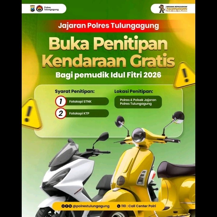 SabarSaja15's tweet photo. Jajaran Polres Tulungagung Buka Penitipan Kendaraan Gratis bagi pemudik Idul Fitri 2026. Monggo bisa dimanfaatkan di Polres maupun Polsek terdekat.

#tulungagung #polrestulungagung #idulfitri https://t.co/kYl4xKLNBS