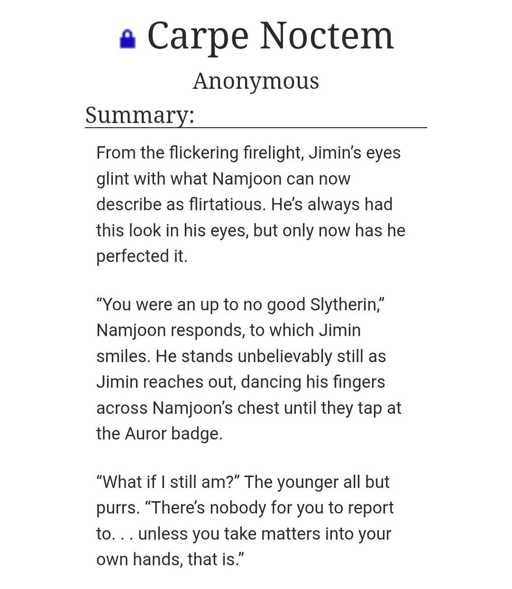 "Carpe Noctem"

Words: 7.8k
by Anonymous (on ao3)

💕 archiveofourown.org/works/80029841