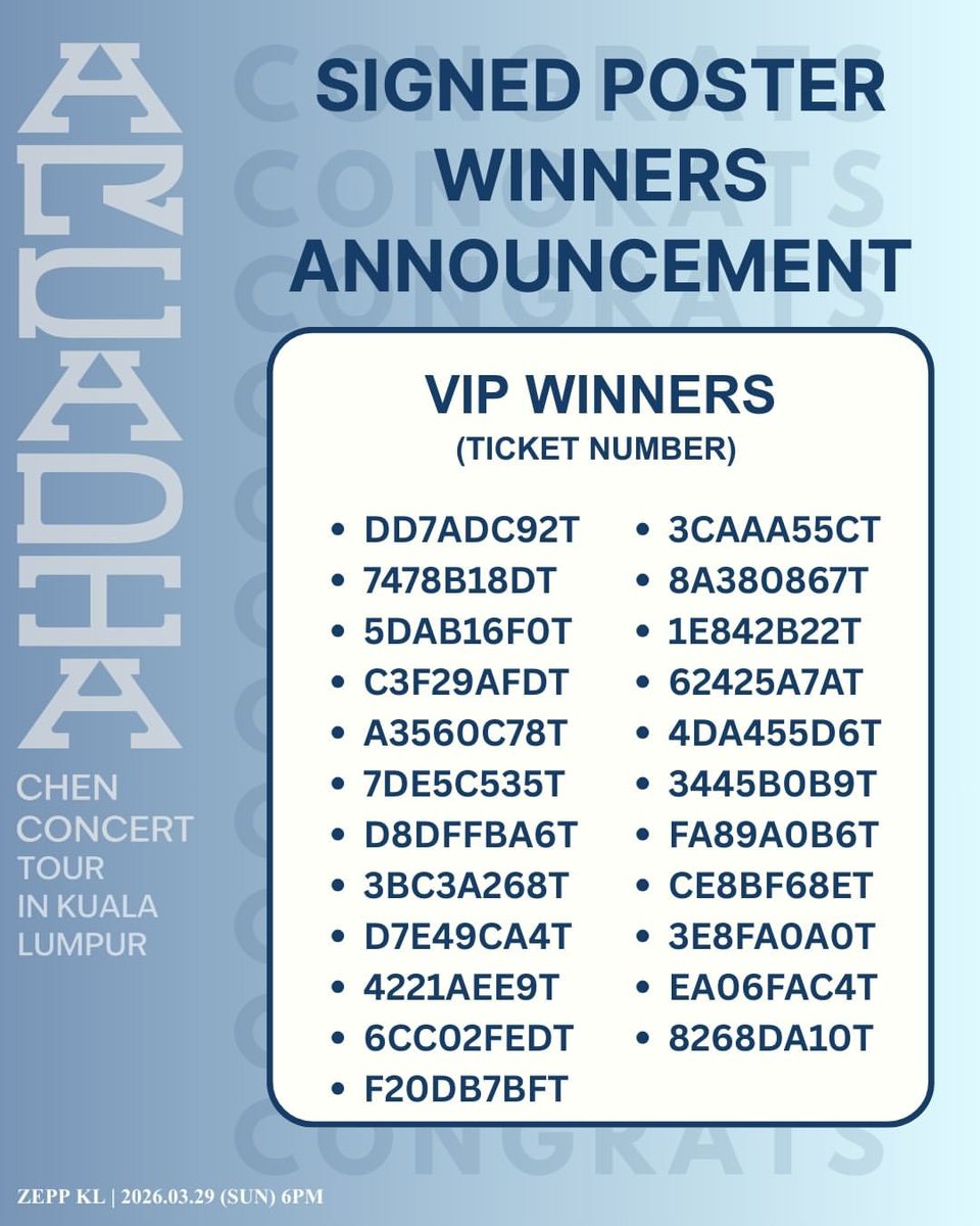 #CHEN Update

260315 | kwavemalaysia Instagram Update: CHEN CONCERT TOUR <Arcadia> in KUALA LUMPUR

Signed Poster Winner Announcement

🔗 instagram.com/p/DV5Njw6kkFz/

#CHEN #첸 #Arcadia #ArcadiaTour #ArcadiaKUALALUMPUR