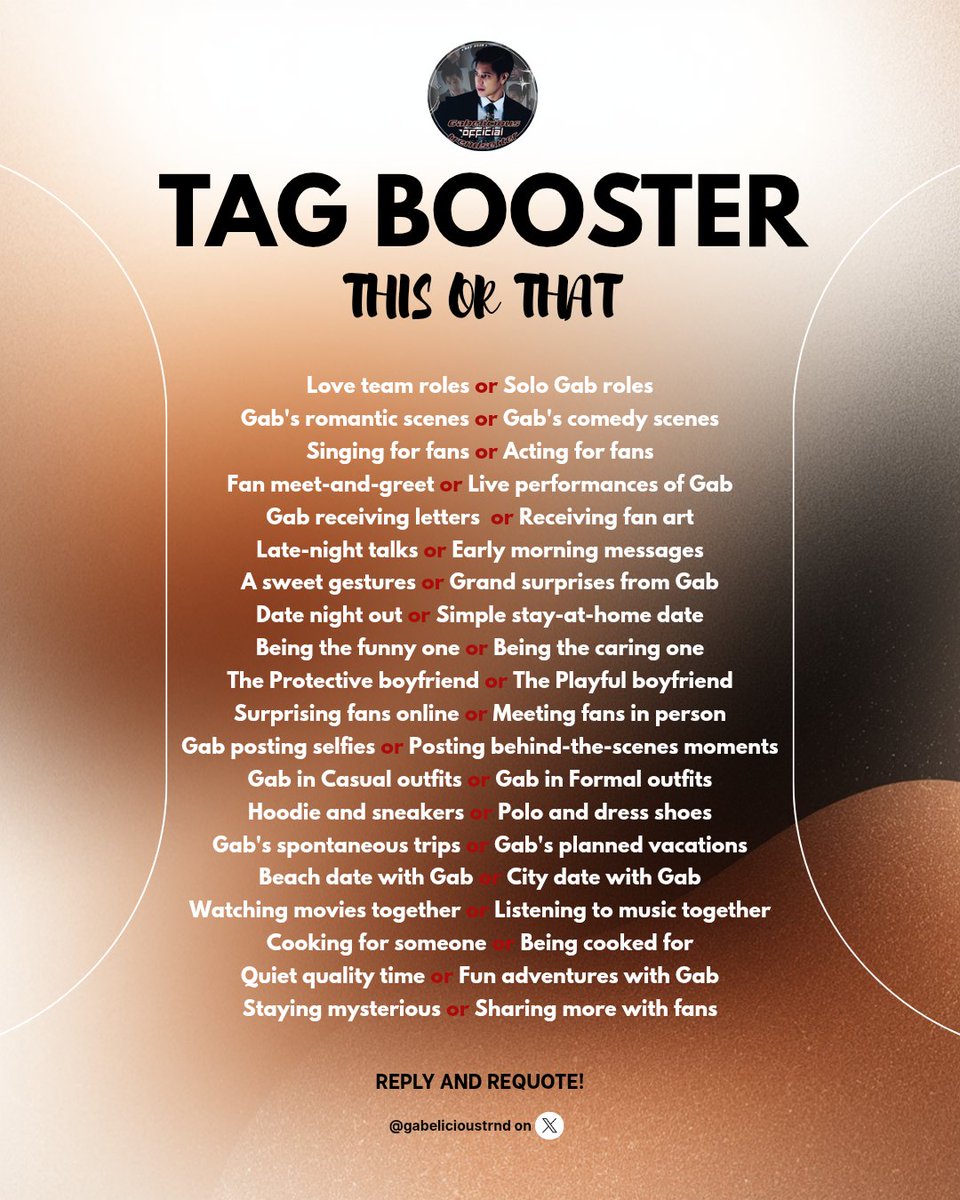gabelicioustrnd's tweet photo. Our first tag booster—This or That edition is here, reply and requote your answer fam! Enjoy our comeback chill tp for mossing. 

GAB OUR MVP

#GabLagmanForVManSEA https://t.co/5CGOoCTctQ