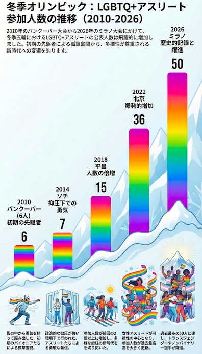 dpture1's tweet photo. 冬季オリンピックでのLGBTQ+アスリートの歴史的な歩み、ご存知ですか？1 これは日陰からスポットライトの中心へと進み、「有害な羞恥心」に打ち勝ってきた強力な記録です！🏳️‍🌈✨
👇 #冬季オリンピック #ミラノ2026 #LGBTQアスリート #クィア #多様性 #プライド https://t.co/zruPxysJzT