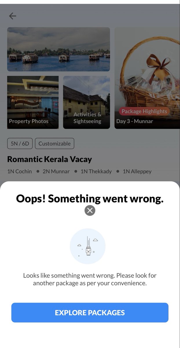 tweetMohanNv's tweet photo. @makemytrip @makemytripcare 

I've been constantly trying to make a booking for kerala holiday package and facing issue. Tried to contact customer care via call, but no help. Can you please check and resolve issue. https://t.co/rvF3BfEMZB