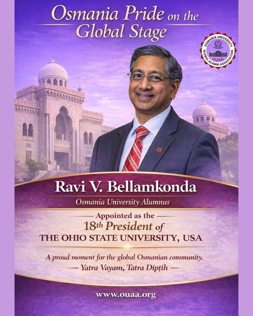 OuaaUsa's tweet photo. A proud moment for the Osmania University community.

Alumnus Dr. Ravi V. Bellamkonda has been appointed as the 18th President of The Ohio State University, USA—one of the world’s leading public research universities. https://t.co/iKhWk4dd86