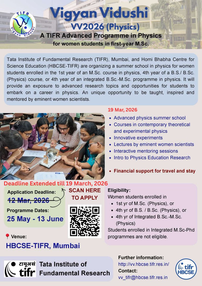 PPaathshaala's tweet image. ✨Missed the earlier deadline?
Here’s another chance!
Apply to the #TIFR Advanced Programme for women in Physics at #HBCSE TIFR,Mumbai,and explore research methods, Innovative experiments, and mentorship by eminent Scientists. ✨
📢Deadline Extended - Apply by 19 March 2026.