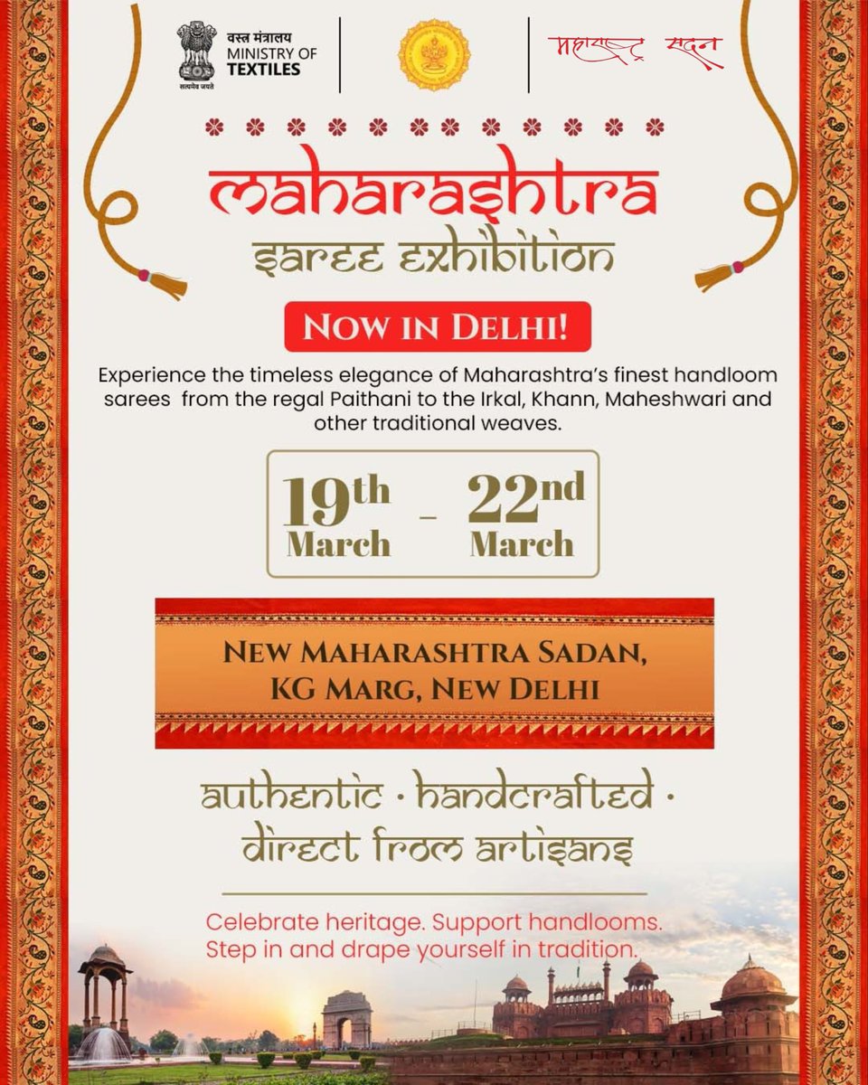 MHSadanofficial's tweet image. Experience the timeless artistry of Maharashtra’s rich handloom heritage. ✨

#maharashtra #handloomsarees #maharashtrasadan #sareeexhibition #handcraftedsaree