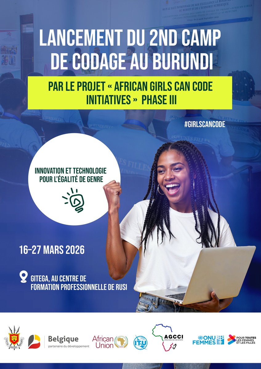UNWomenBurundi's tweet photo. 🚀 Lancement du 2ᵉ camp de codage au #Burundi !
Du 16 au 27 mars 2026 à Gitega, le projet African Girls Can Code Initiative réunit des jeunes filles pour développer leurs compétences en programmation et innovation numérique.
💻✨#GirlsCanCode #AGCCI #WomenInTech https://t.co/OwMqOixyFM