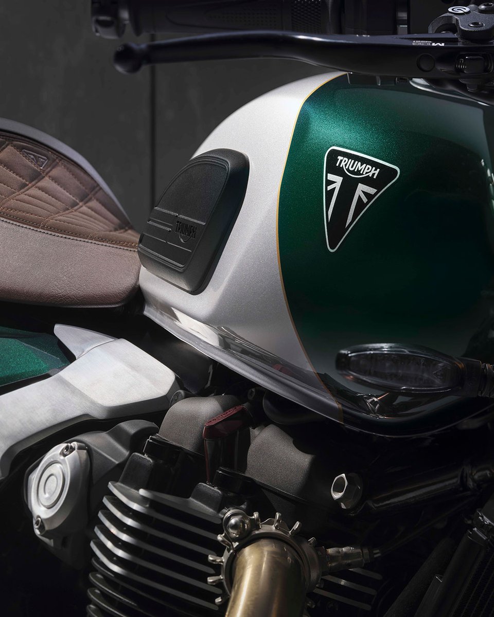OfficialTriumph's tweet photo. The Speed Twin 1200 Cafe Racer Edition: art in motion.

Pure performance meets authentic cafe racer style, with premium details like a brown bullet seat &amp; machined bar-end mirrors. The clip-on handlebars add to that iconic silhouette.

Now available in showrooms! https://t.co/SCQYVrBEjv