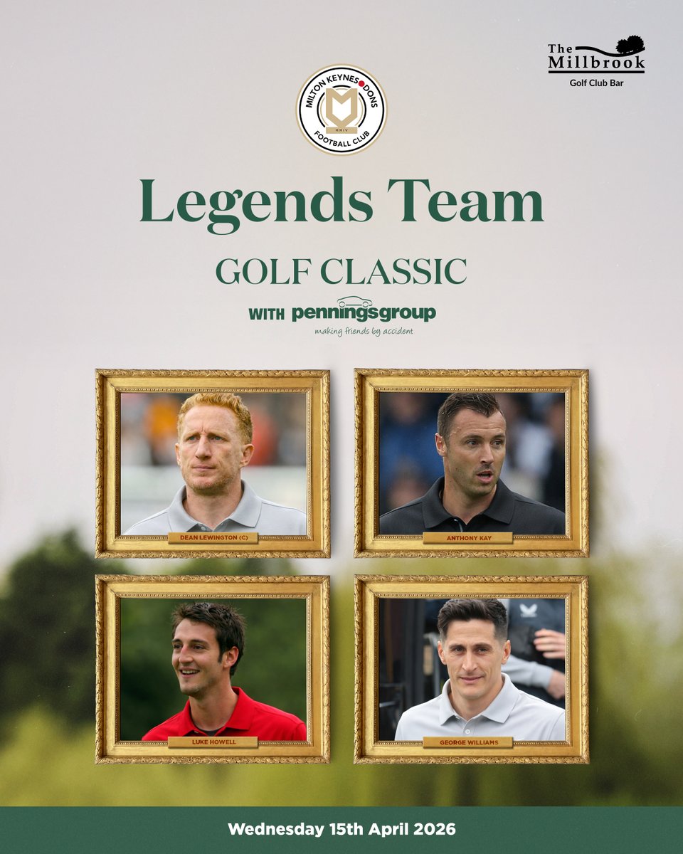 MKDonsFC's tweet photo. There’s one month to go until the #MKDons Golf Classic with Pennings Group at the the Millbrook! ⛳

We have limited spaces remaining to take on the Legends Team, led by Dean Lewington! 🙌

To secure your place, contact commercial@mkdons.com

All the info 👉 https://t.co/C5qWX4urWw 

#COYD