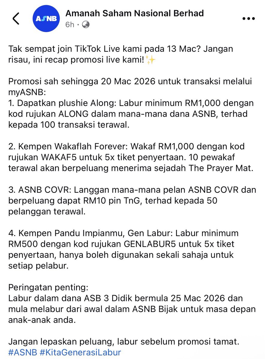 kewangangraduan's tweet photo. Promosi sah sehingga 20 Mac 2026 untuk transaksi melalui myASNB:
1. Dapatkan plushie Along
2. ⁠Kempen Wakaflah Forever
3. ⁠ASNB COVR
4. ⁠Kempen Pandu Impianmu, Gen Labur

Ambil peluang untuk melabur dalam ASB 3 Didik bermula 25 Mac hingga 24 Jun 2026.

@ASNBmy_official https://t.co/Oni5qKtM4C