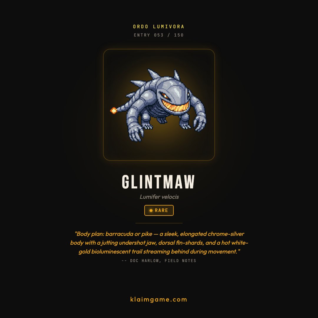 KlaimGame's tweet photo. KRAWLER #053 — GLINTMAW
Order: Lumivora
Rarity: 🟡 Rare

"Everything in its vicinity gives it a very wide berth, and power infrastructure seems to attract concentrated populations."

150 species. Your city. https://t.co/VKXIEaMRVJ https://t.co/EjGb0IfonR