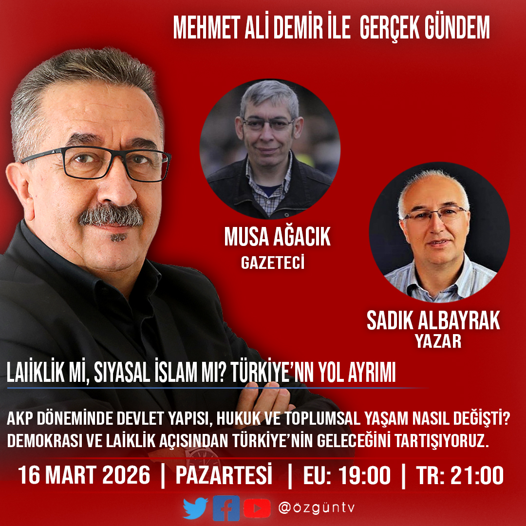 📺 ÖZGÜN TV’DE BU HAFTA
🎙 MEHMET ALİ DEMİR İLE GERÇEK GÜNDEM
🗣 LAİKLİK Mİ, SİYASAL İSLAM MI? TÜRKİYE’NİN YOL AYRIMI
Türkiye’de son yıllarda devlet yapısı, hukuk sistemi ve toplumsal yaşamın geçirdiği dönüşüm laiklik ve demokrasi tartışmalarını yeniden gündemin merkezine taşıdı.