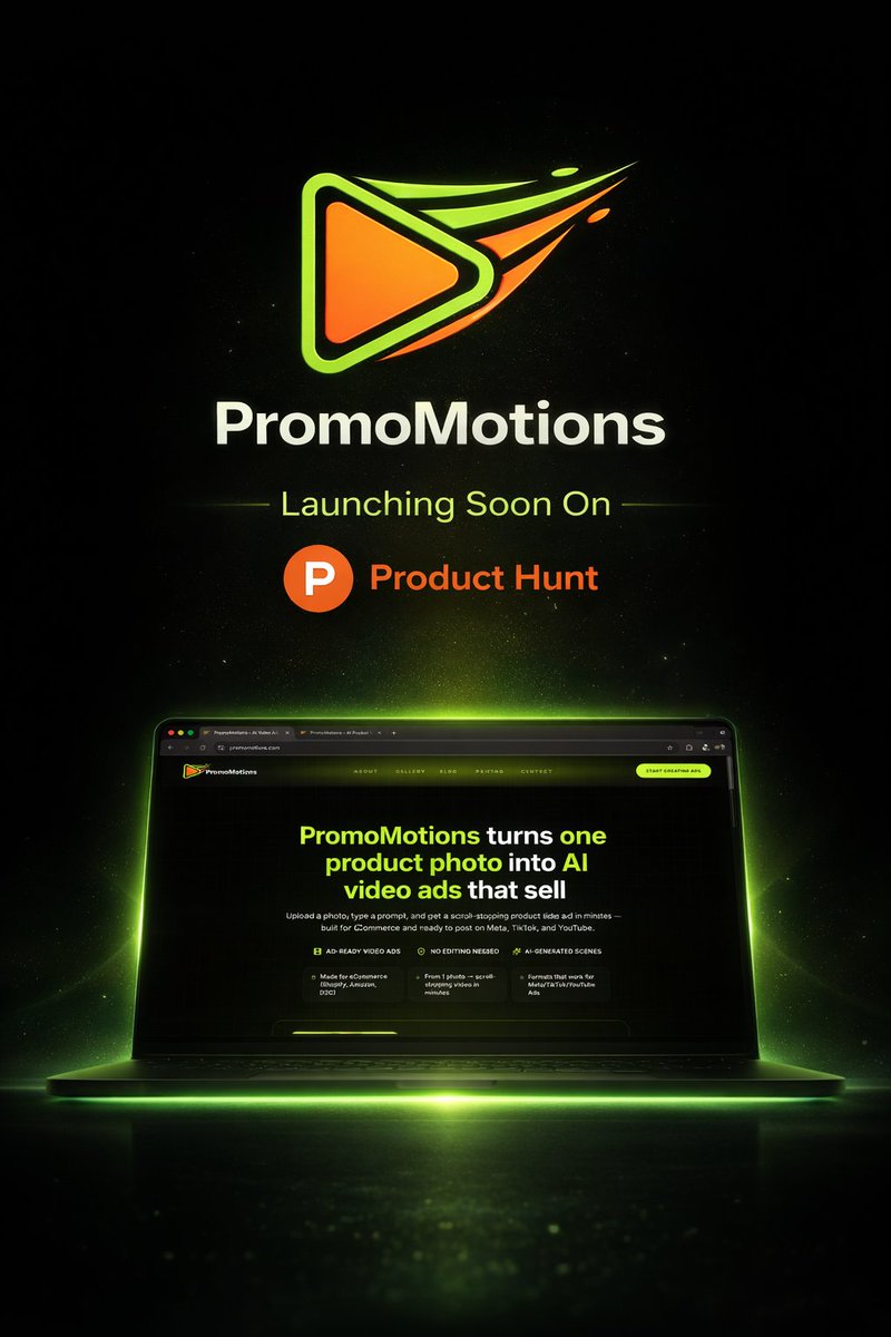 PromoMotions's tweet photo. 🚀 Big news.
PromoMotions is launching soon on @ProductHunt 
Turn 1 product photo → into #AI video ads that sell.

Perfect for:
• #Shopify stores
• #Amazon sellers
• TikTok ads
• Meta ads

No editing. No studio. No actors.
Just upload an image.

👉 https://t.co/72Lb8aGTgi https://t.co/eQfR8buNU8