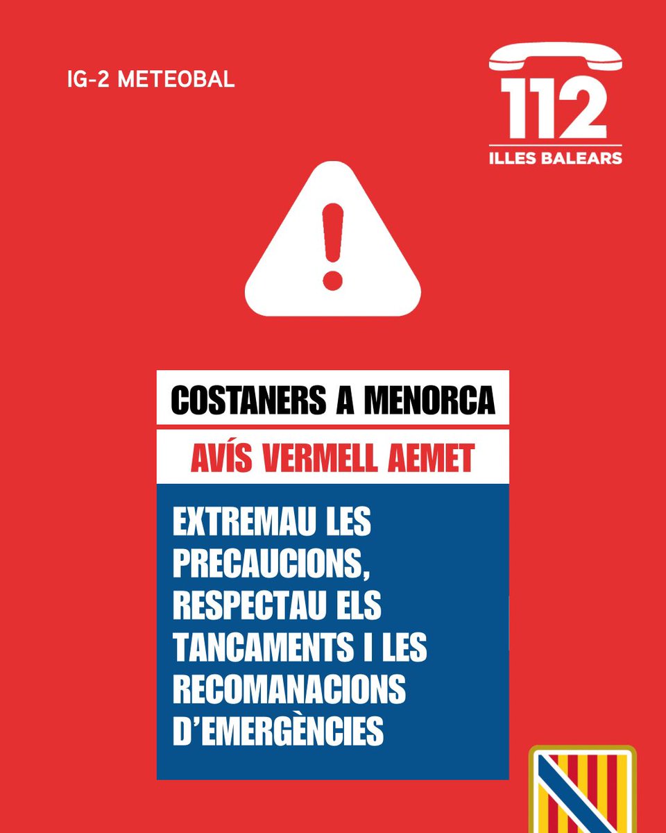 Emergencies_112's tweet photo. ⚠️ Actualització de les alertes del Pla #Meteobal per meteorologia adversa
🚨 ATENCIÓ ESPECIAL A MENORCA!
🔴 Activada l’alerta vermella (IG-2) per fenòmens costaners 🌊 a Menorca.
Des d’Emergències us demanam que extremeu les precaucions i que respecteu els tancaments i les recomanacions.
Revisau els avisos d’@AEMET_Baleares per hores ➡️ https://t.co/T7OwH3ZCs7
Si patiu qualsevol emergència, telefonau a l’112 📞