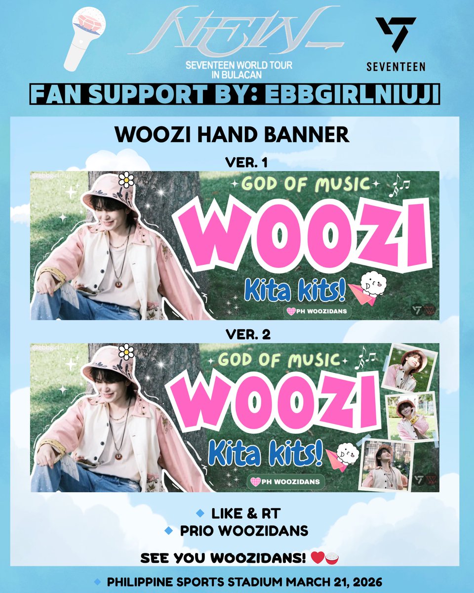 Alo! ⚡️Alo! ⚡️
SEVENTEEN New_ in Bulacan Concert Freebies 
Fan support by: <a href="/ebbgirlniuji/">🍊bebe jih 🍚🪖 BEAMversary 🥳</a> Part 2

Ver.1 FOR CARATS
Ver.2 FOR WOOZIDANS

Ngayon lang napost sadly team bahay na ko 😭 can still produce this but sa AMMB events ko na mapapamigay
#SEVENTEEN_NEW_IN_BULACAN 
#NEW_BULACAN