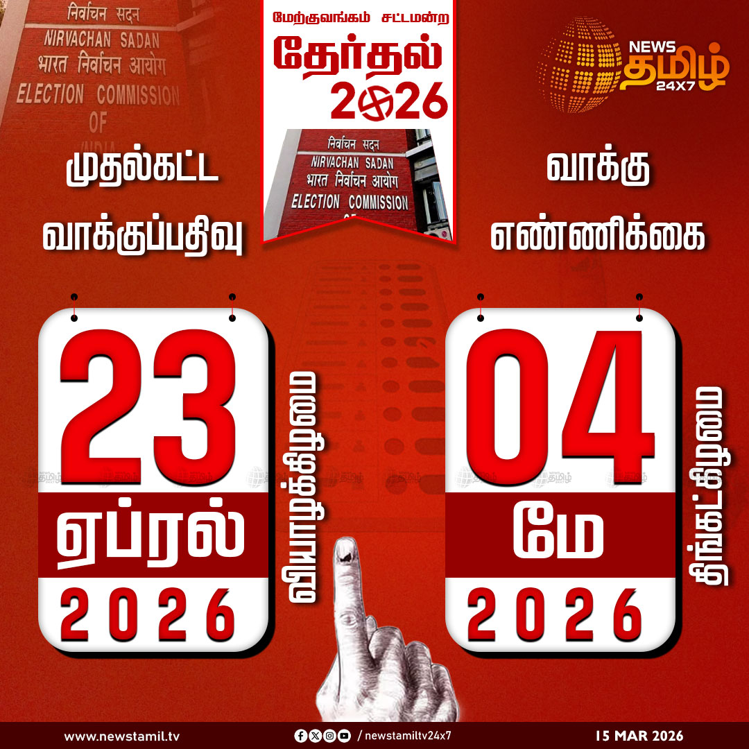 NewsTamilTV24x7's tweet photo. Assembly Elections | மேற்கு வங்க சட்டமன்ற தேர்தல் தேதிகள் அறிவிப்பு

Assembly Elections | 5 State Election | Election 2026

#AssemblyElections #5StateElection #Election2026 #Tamilnadu #Puducherry #Kerala #Assam #WestBengal #ElectionCommission #Tamilnews #NewsTamil24x7 https://t.co/fa6dBTUpRs