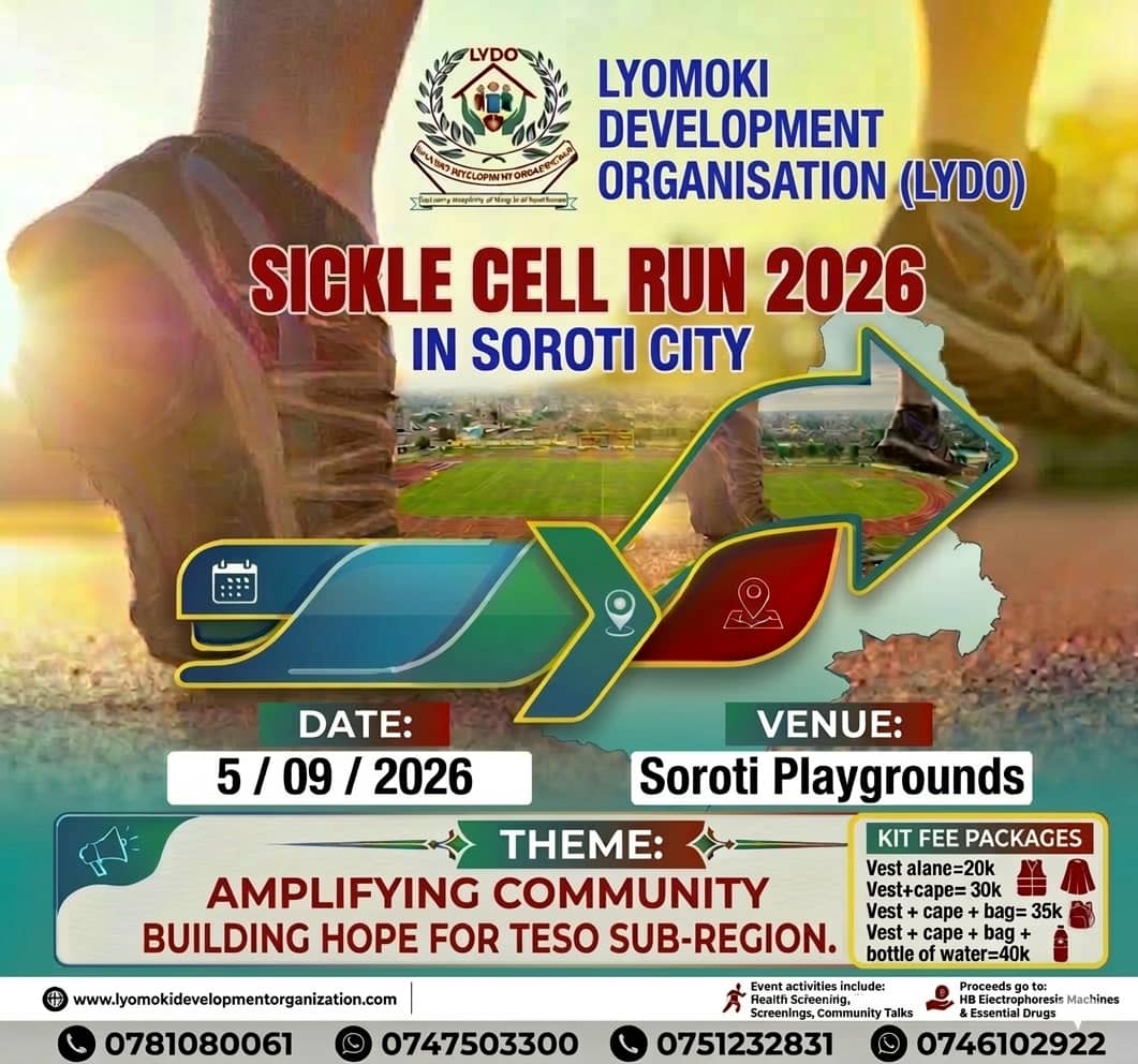 LydoUganda's tweet photo. SICKLE CELL RUN 2026 IN SOROTI CITY
5th September, 2026
Ready to make a difference? Secure a Kit(s) from the available packages today and show your solidarity with everyone affected by Sickle Cell Disease. 

Join the Movement!!
#NoMoreSickleCellDisease 
#TogetherWeCan https://t.co/bElwDjvu2o