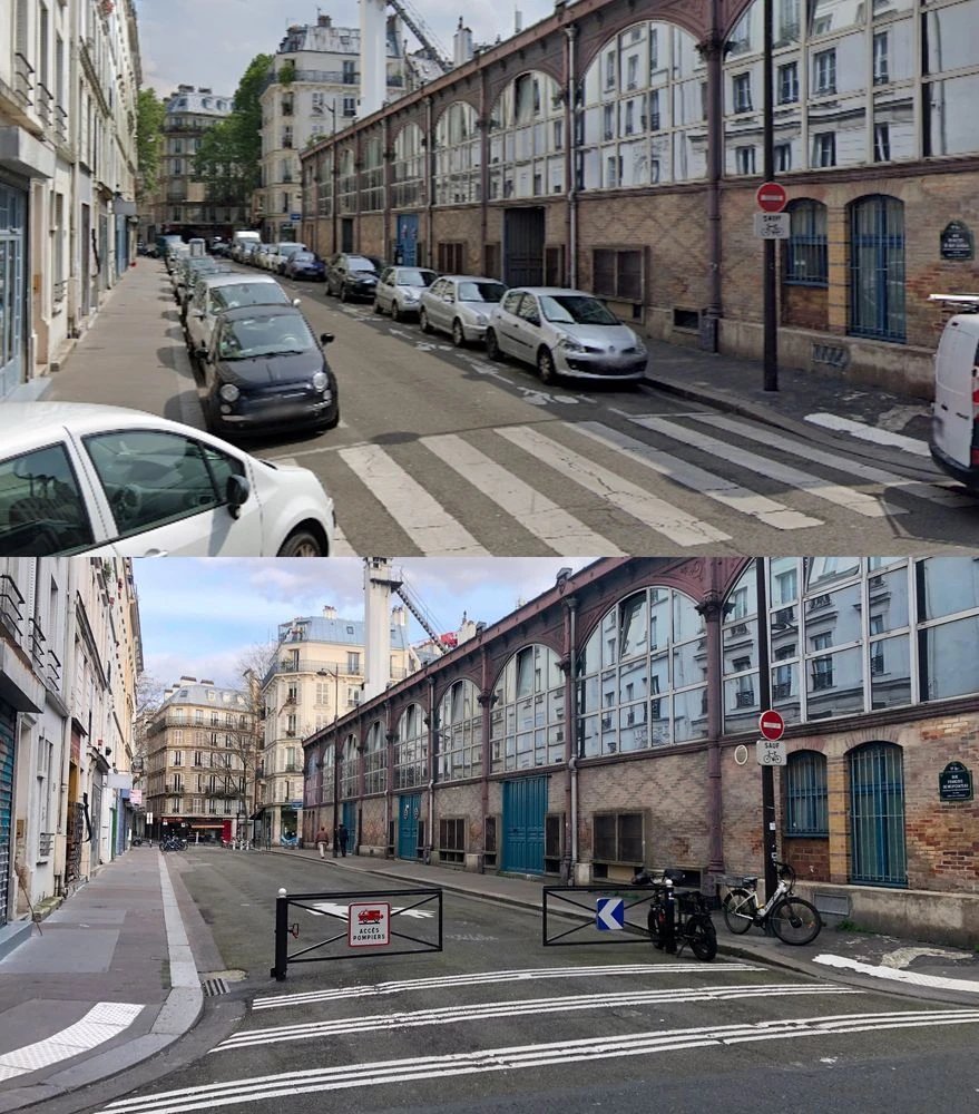 Avant / Après la piétonnisation de la Rue Francois de Neufchâteau dans le 11ème arrondissement de Paris.
