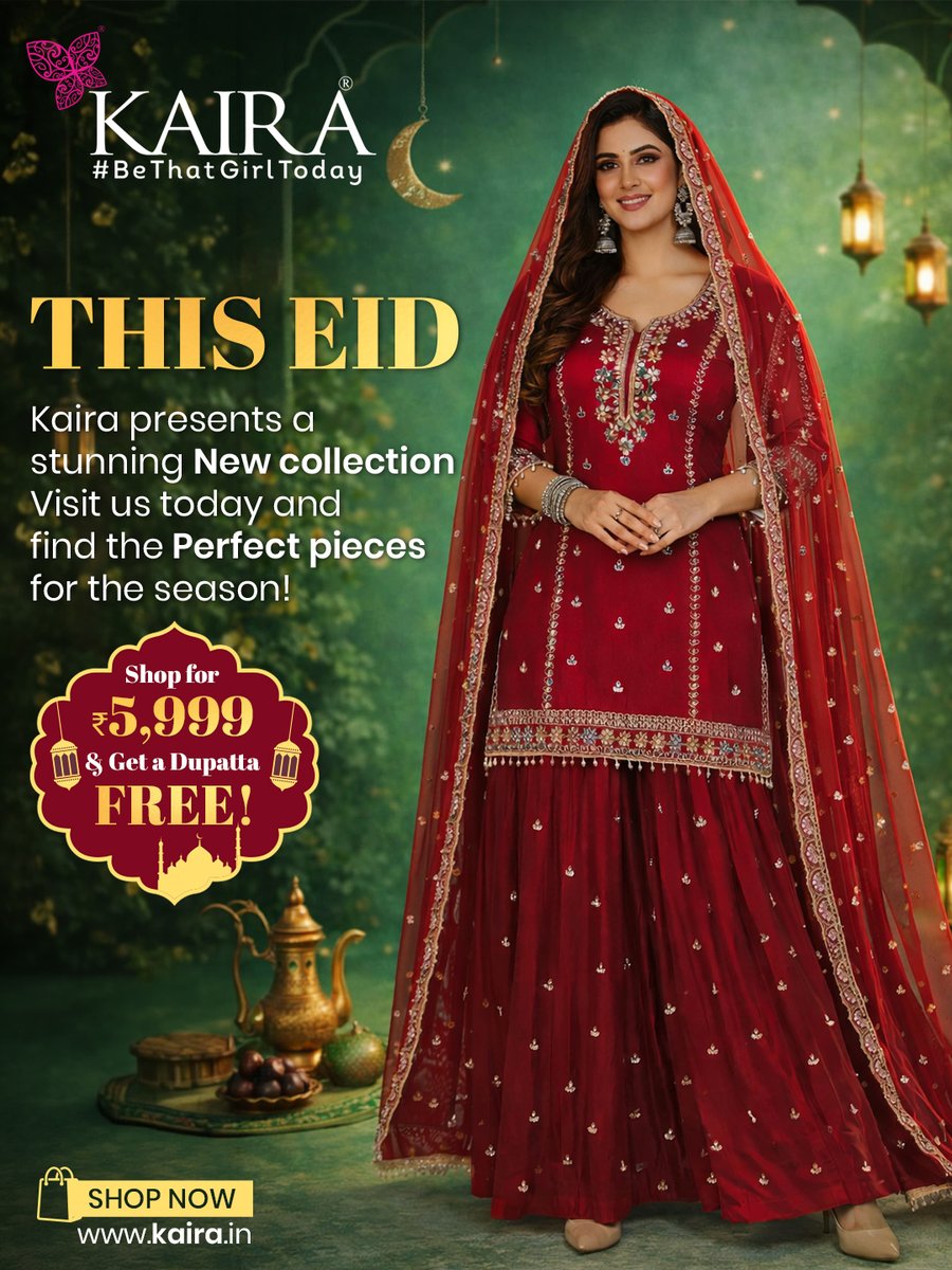 Kaira_India's tweet image. Discover your perfect festive look with Kaira's stunning new Eid collection. Visit us today to find exquisite pieces for the season and enjoy a free dupatta on purchases over ₹5,999.

Shop now at: kaira.in

#kaira #eidcollection #festivewear #ethnicwear