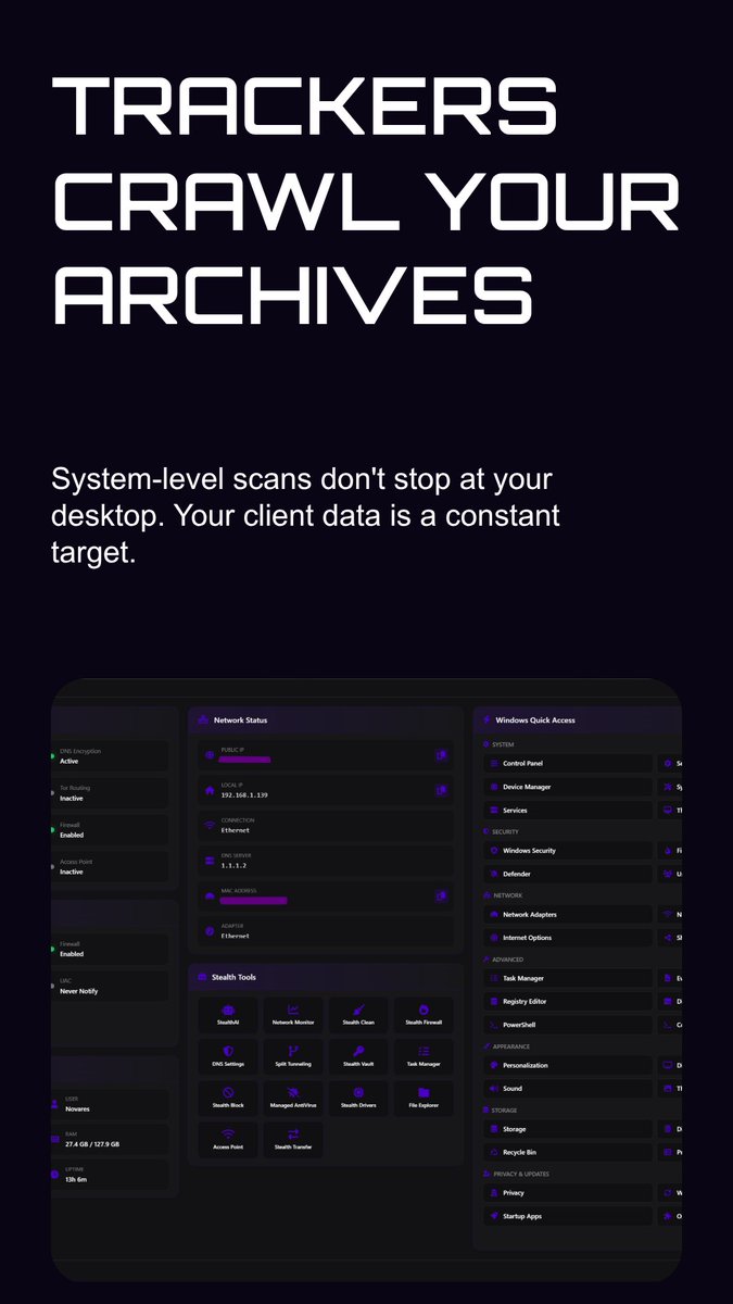 fatalcyber's tweet photo. Your files shouldn’t be silently scanned or indexed.
Stealth shields your system and client data from trackers, crawlers, and hidden telemetry.

#DataPrivacy #CyberSecurity #WindowsSecurity #StopTracking #StealthPro https://t.co/ZkdqKxPV3v