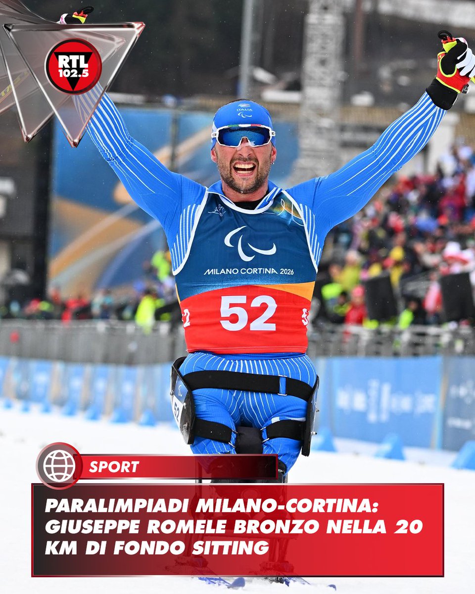 rtl1025's tweet image. 🥉 Arriva un’altra medaglia per l’Italia alle #Paralimpiadi di Milano-Cortina 2026. L’azzurro Giuseppe #Romele ha conquistato il bronzo nella 20 km di sci di fondo categoria #sitting.

La gara è stata vinta dal russo Ivan Golubkov, che ha tagliato il traguardo in 51:55.0, davanti