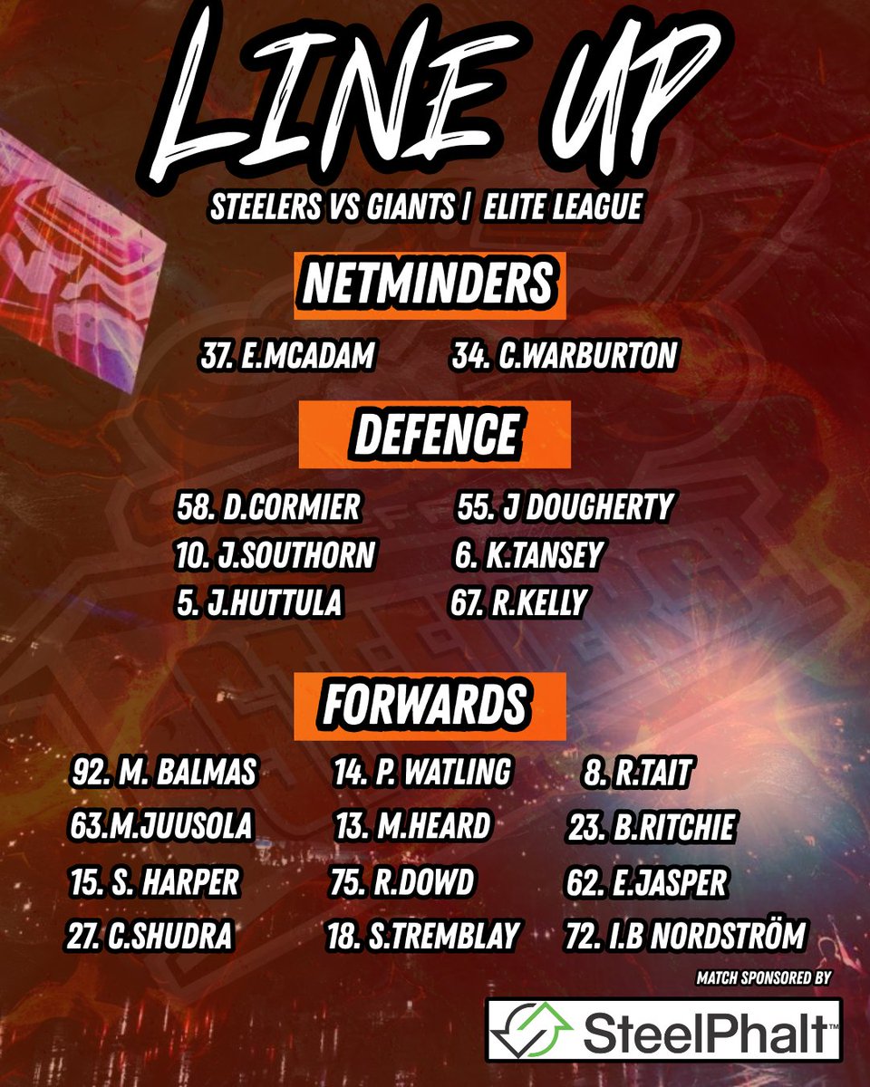 steelershockey's tweet photo. How your Sheffield Steelers line up today against the Belfast Giants 🧡🏒
#SteelersHockey https://t.co/WuCx2P5kYs
