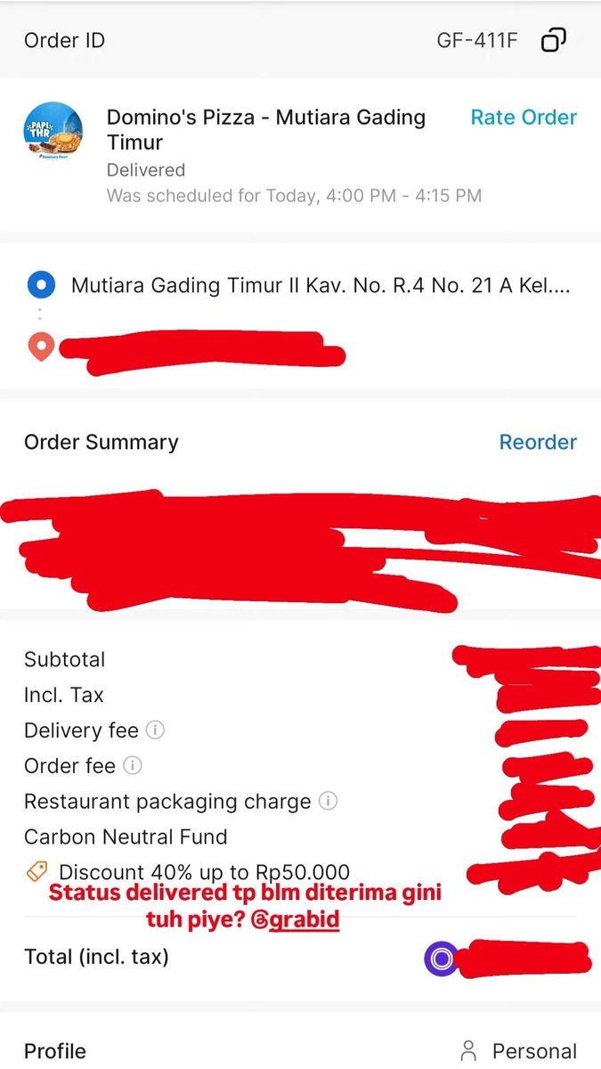 fakhriraditya's tweet photo. Nggak lagi-lagi order makanan pakai Grabfood @GrabID. Order dari jam 14:47, pakai schedule di 16:00 - 16:15, di sekitaran jam 16:30 statusnya delivered tapi makanan belum diterima. Langsung ngajuin refund karena udah nggak jelas https://t.co/6qSg5an7Ex