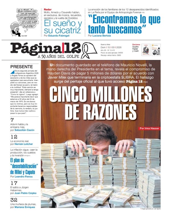 Los 5 millones de U$D de Milei en todas las tapas de diarios (aunque algunos lo pongan chiquito o en grande pero sin nombrar a Milei).