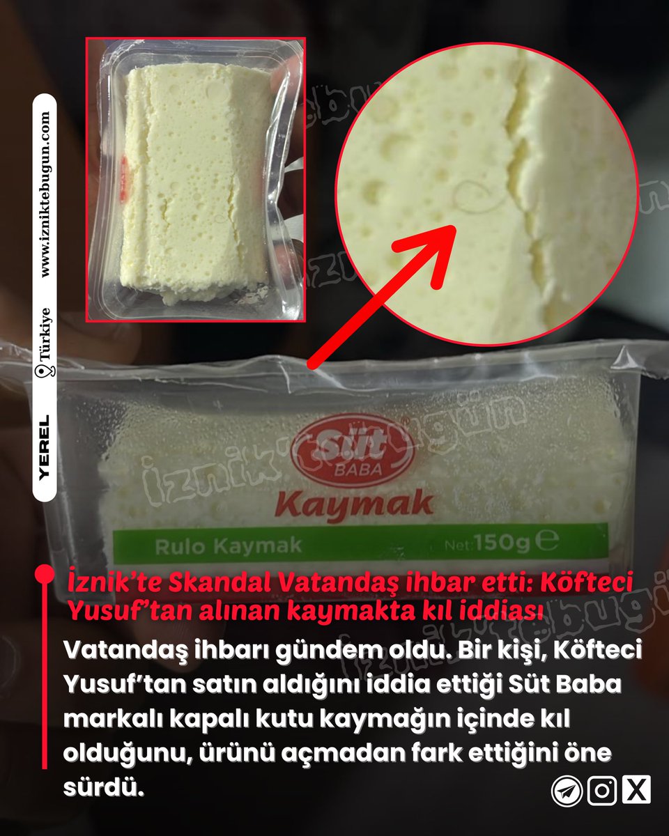 izniktebugun's tweet photo. BÜYÜK SKANDAL VATANDAŞ İHBARI GÜNDEM OLDU: KÖFTECİ YUSUF’TAN ALINAN KAYMAKTA KIL İDDİASI

Vatandaş ihbarı gündem oldu. Bir kişi, Köfteci Yusuf’tan satın aldığını iddia ettiği Süt Baba markalı kapalı kutu kaymağın içinde kıl olduğunu, ürünü açmadan fark ettiğini öne sürdü.
#keşfet https://t.co/48RTSNpGhP