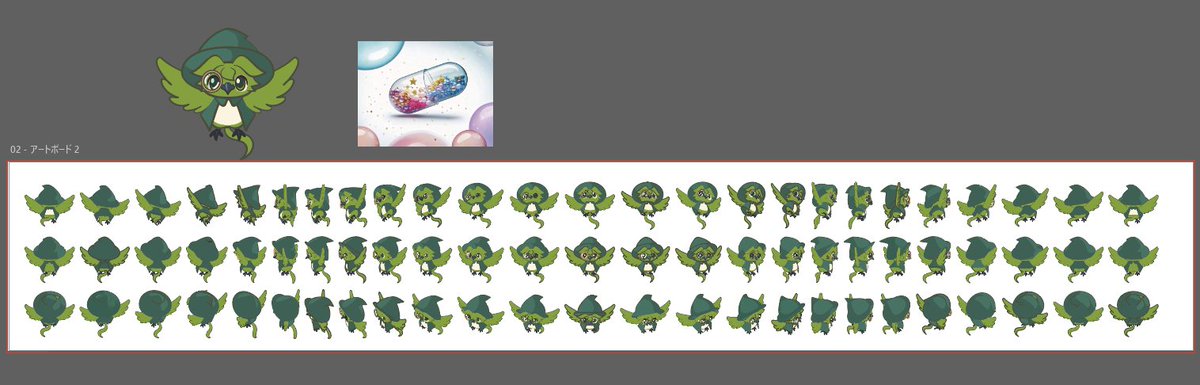 tasogare_95's tweet photo. illustratorのターンテーブルとPhotoshopのターンテーブル比較をちまちまやってる。（共にベータ版です）

まずはillustrator編から。
illustratorは画像にマスクをかけるとターンテーブル使えないみたいでしばらくあれ？？ってなるなどしてた。

背景がある場合はPhotoshopで処理してからがよさそう。
画像ではなく、シェイプやペンツールなどで描いたものにマスクがかかってるとかは問題ないみたい。
illustratorのほうはGIF吐き出しや、すべてのビューをカンバスに配置機能があるのいいよね。
鳥キャラのほうは背中のマントがなぜか最後正面と同じになっちゃって惜しいけど、その程度ならすぐ修正できるのすごいなぁ。

3Dモデリングの時に必要な3面図どころじゃないボリュームで出してくれるから、正面イラストさえ描けばあとはターンテーブル機能！ってできるのはとてもありがたいよね。